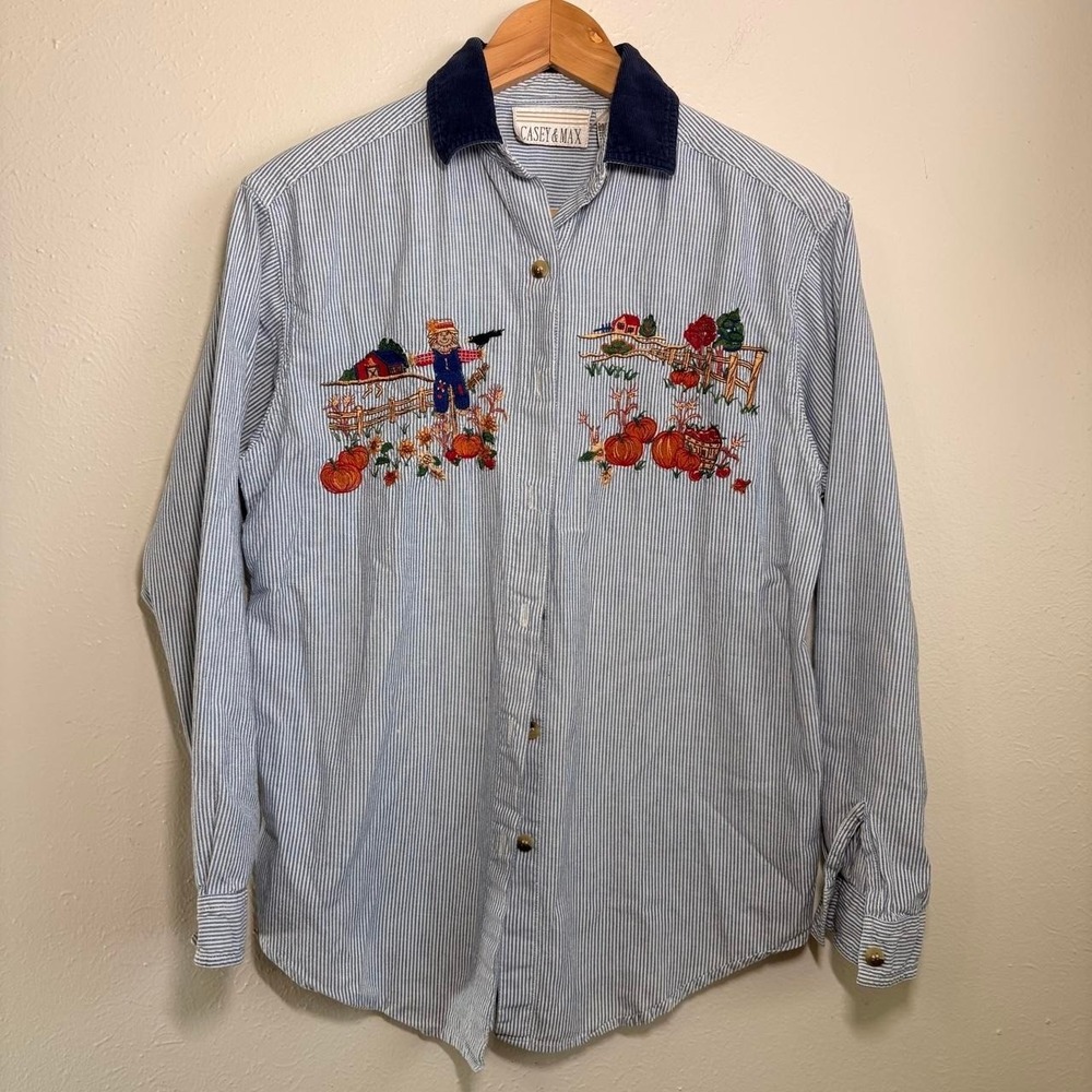 Vintage 90s Fall/Autumn Grannycore Button Up Corduroy Collar Pumpkins Halloween